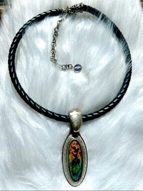 Chico’s Vintage Signed Black Leather Choker Necklace with Multicolor Pendant
